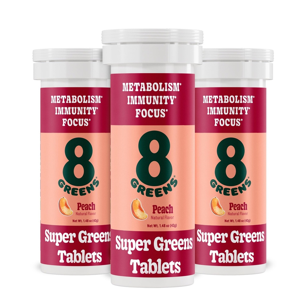 8Greens Supergreens Tablets ◾ Super Greens Powder Superfood Tablet, Metabolism Immunity & Focus, Daily Greens Effervescent Tablets, Organic: Aloe Vera, Spirulina, Chlorella, Peach, 30 Servings