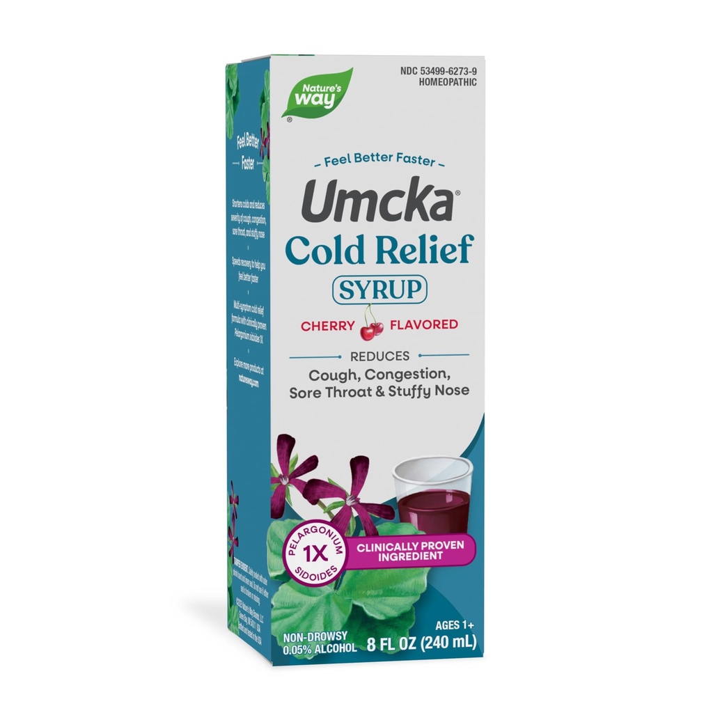 Camino de la Naturaleza Cold Relief Syrup, Umcka, Shortens Duración " Reduce la Severidad, Multi-Symptom Cold Relief, Homeopático, Phenylephrine Free, Non-Drowsy, Cherry Flavored, 8 Fl Oz (Packaging May Vary)