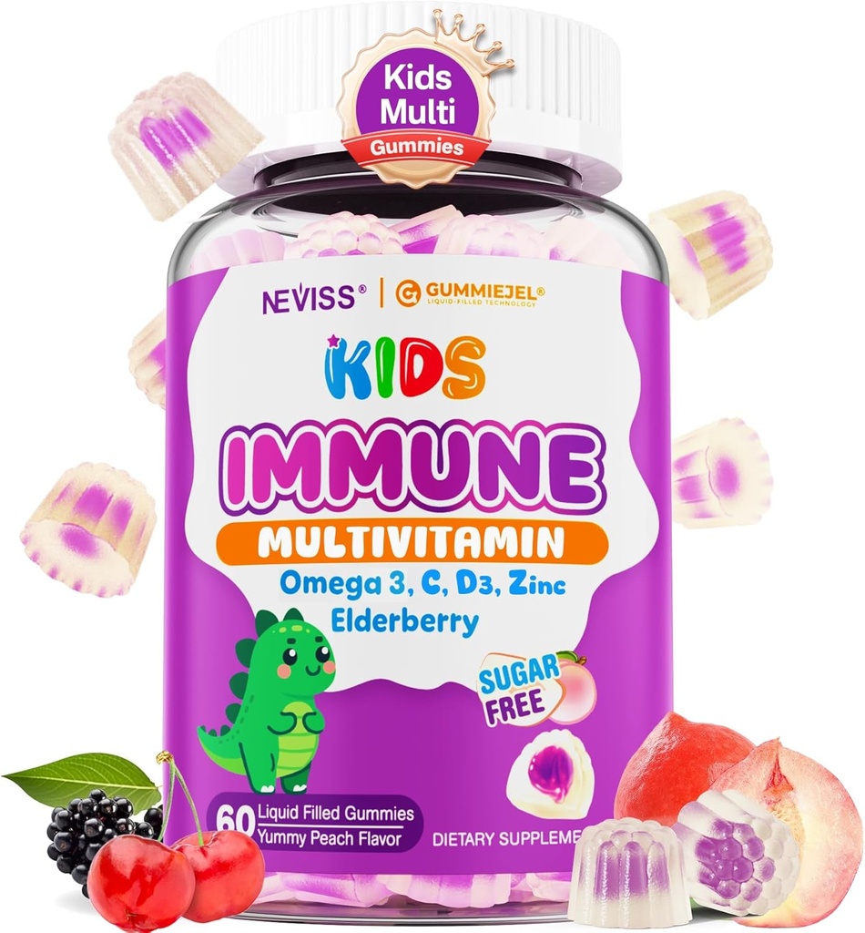 Niños multivitamínicos + mangueras de apoyo inmunológico, vitamina C D3 " Zinc, Omega-3, A, E, elderberry, niños vitaminas para el desarrollo saludable, inmunidad, crecimiento de los huesos " salud de los ojos, azúcar gratis, 60 puntos