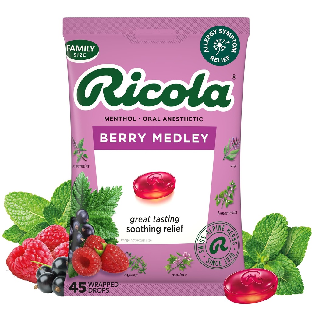 Ricola Berry Medley Throat Drops, 45 Conde, Delicious Throat Relief & Care, Oral Anesthetic, Naturally Flavored