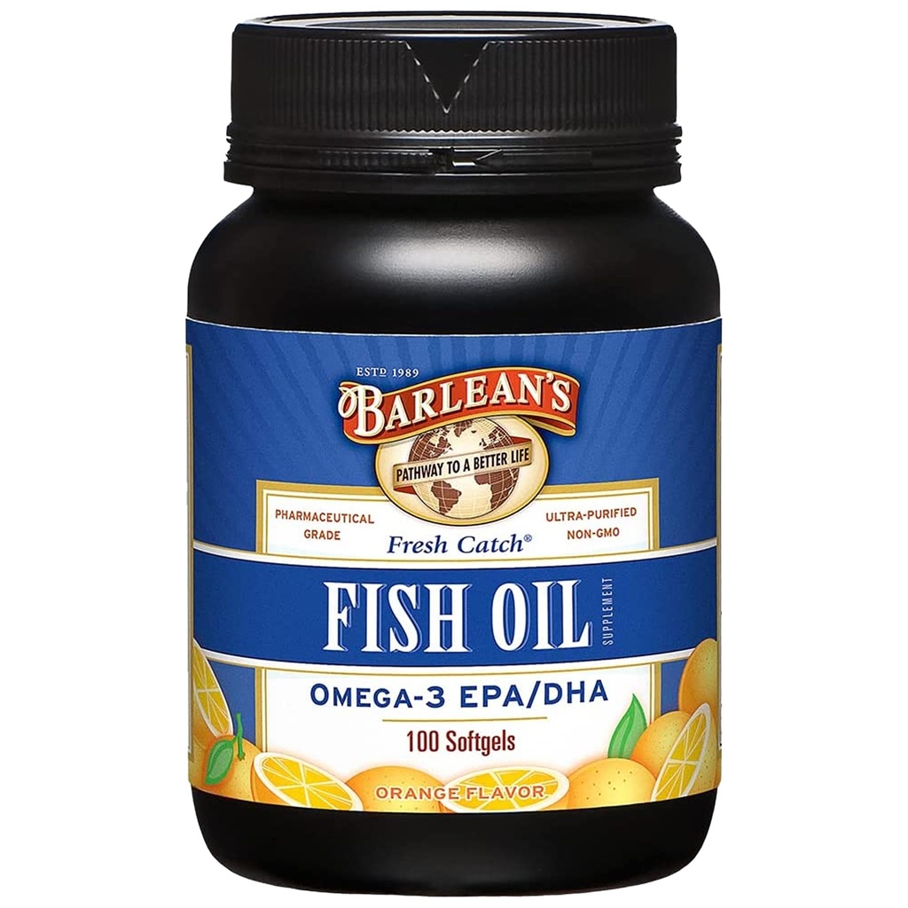 Barlean's Omega 3 Fish Oil Supplements, Supplement Softgels for Men and Women, 600mg EPA and DHA Fatty Acids, Orange Flavored, 100 Count