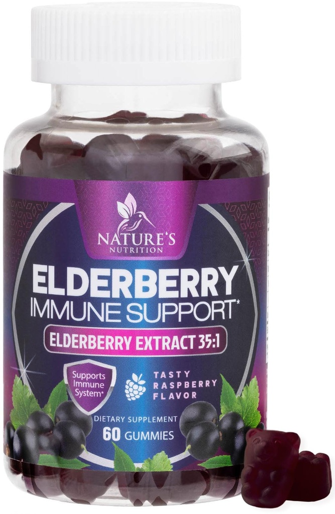 Elderberry Immune Support Gummies - Super Concentrado 35:1 Extracto, Equivalente a 4200mg de Elderberries - Sambucus Black Elder Berry Vitamin Suplemento, Asistencia diaria para adultos de niños - 60 Gummies