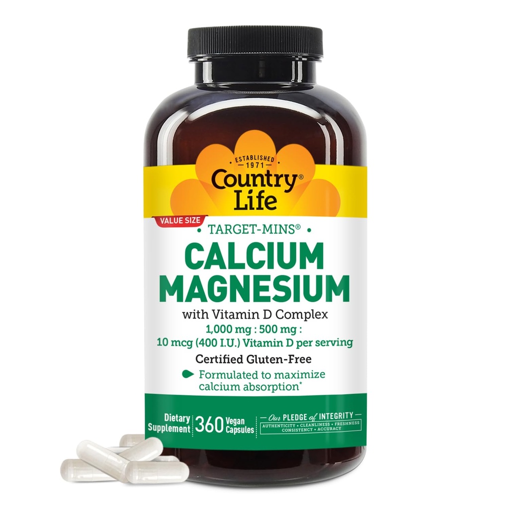 Country Life Target-Mins Calcium Magnesium with Vitamin D-Complex, 1000mg/500mg/10mcg, 360 Vegan Capsules, Certified Gluten Free, Certified Vegan, Verified Non-GMO Verified…