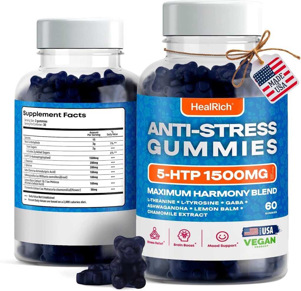 Stress Relief Gummies - 1500MG 5HTP with L-Theanine Gaba & L-Tyrosine - Ashwagandha Herbal Supplement Supports Intellectual Alertness Vegan Brain Mood Booost Supplements for Kids & Adults Made in USA