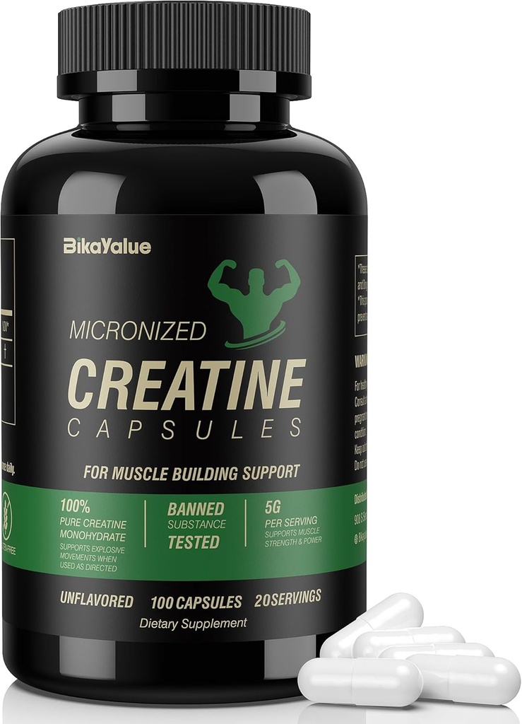 Micronized Creatine Monohydrate Capsules, Creatine Capsules Supplement for Muscle, Strength, Performance, Energy, Recovery, Gluten Free Creatine for Women and Men, 100Capsules (20 Servings)