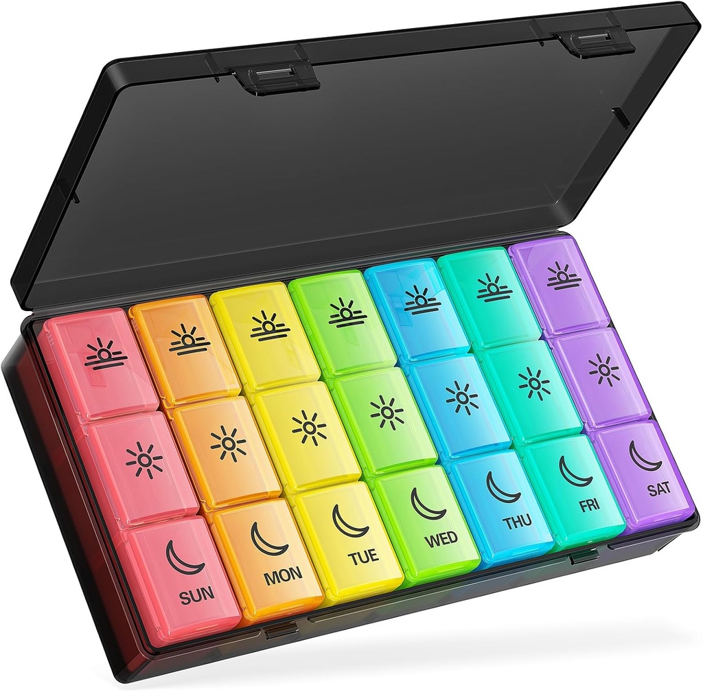 BUG HULL Pill Organizer 3 Times a Day, Large Weekly Medicine Pill Organizer 3X a Day, 7 Day Pill Box Cases Morning Noon Evening for Vitamin, Cod-Liver Oil, Supplements (Rainbow Black)