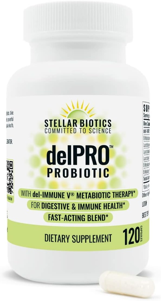 Del-Immune V® + Delpro Probiotic & Prebiotic Blend by Stellar Biotics - Promotes Optimal Gut Health, Digestion, Immune Support & Mood (120 Capsules)