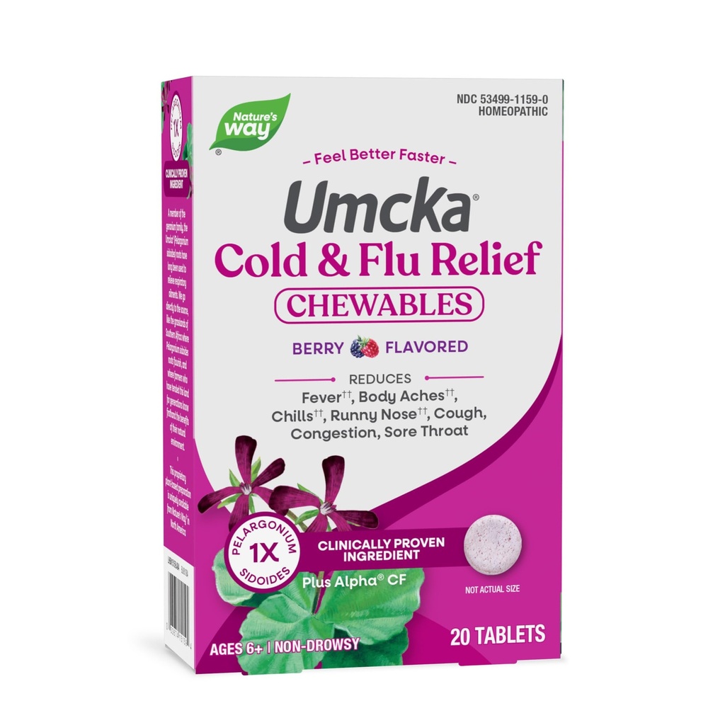 Camino de la Naturaleza Cold+Flu Relief, Umcka, Shortens Duración y Reduce la Severidad, Multi-Symptom Relief, Homeopático, Phenylephrine Free, Non-Drowsy, Berry Flavored, 20 Chewable Tablets (Packaging May Vary)