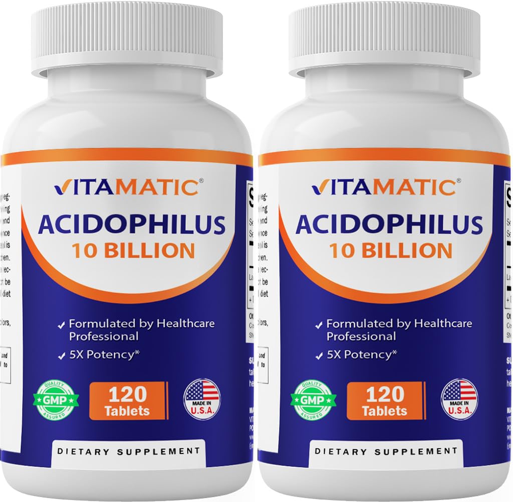 Vitamatic 2 Packs Acidophilus Probiotic - 10 Billones CFU - 120 Tabletas - 5X Potency - Suplemento Probiótico diario, soporta la salud digestiva (Total 240 Tablets)