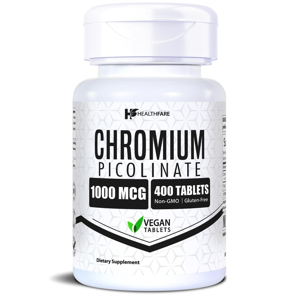 HealthFare Chromium Picolinate 1000mcg | 400 Vegan Tablets | High Absorption Mineral Supplement | Supports Healthy Sugar Metabolism & Nutrient Absorption | Non-GMO, Gluten-Free | Made in USA