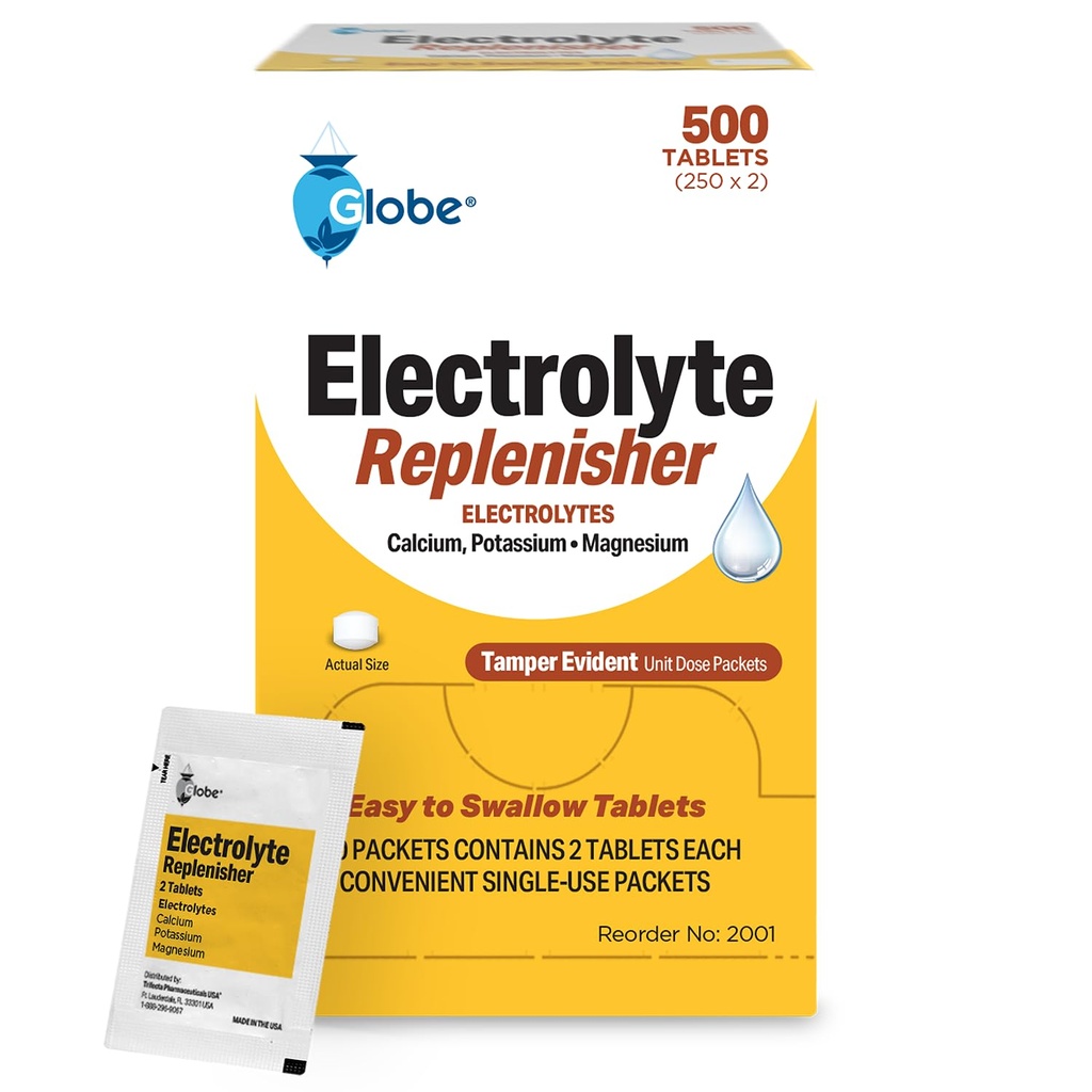 Globe Electrolyte Replacement Tablets for Rapid Hydration & Exercise Recovery (500 Tablets, 250 Packets of 2) for Athletes, Hiking & Sports, Travel Packets with Key Nutrients for Optimal Endurance