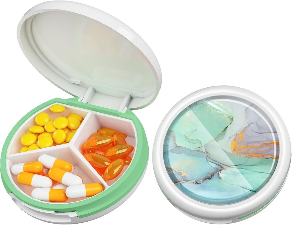 Serfeymi Small Pill Box - 3 Compartments Portable Pill Box for Purse Pocket, Compact Mini Travel Pill Case - Suitable for Medicine, Vitamin, Fish Oil, Supplements - White(Marble)