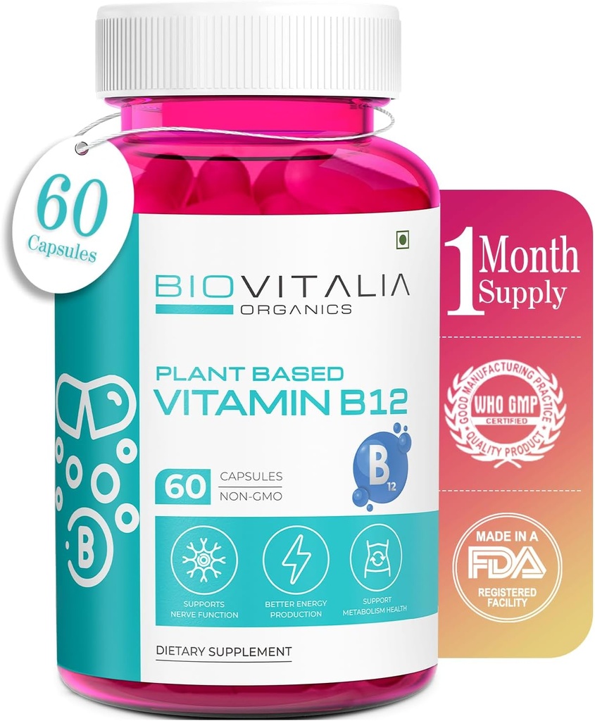 BIOVITALIA Vitamin B12 Capsules Methyl Cobalamin Supplement 1000mg Plant-Based Capsules - Support Nerve Function & Metabolism Enriched with Wheat Grass Spirulina Beetroot - 60 Vegan Caps