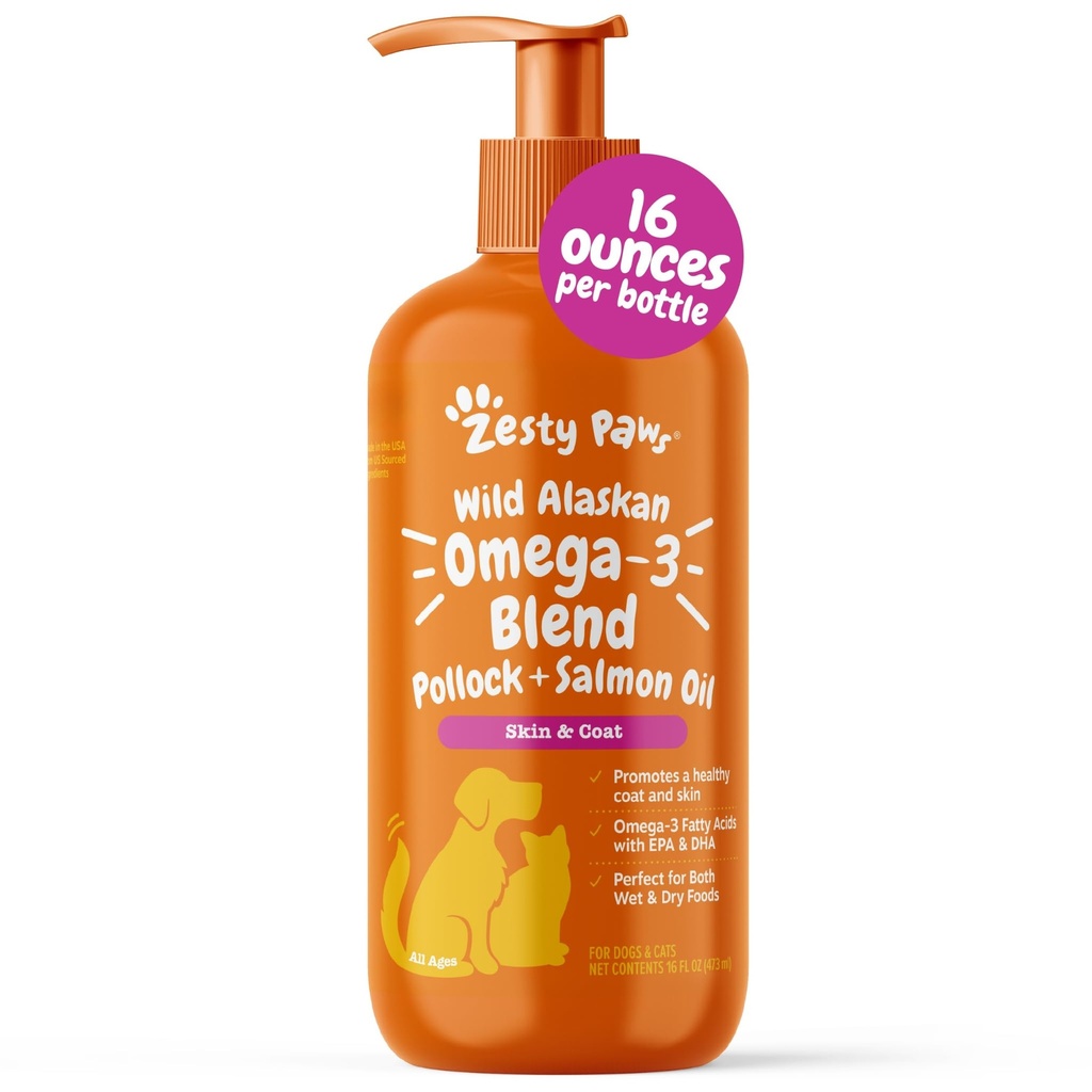 Zesty Paws Wild Alaskan Omega-3 Blend Pollock + Salmon Oil for Dogs and Cats- Skin and Coat Support, Omega 3 Supplement for Pets, 16oz