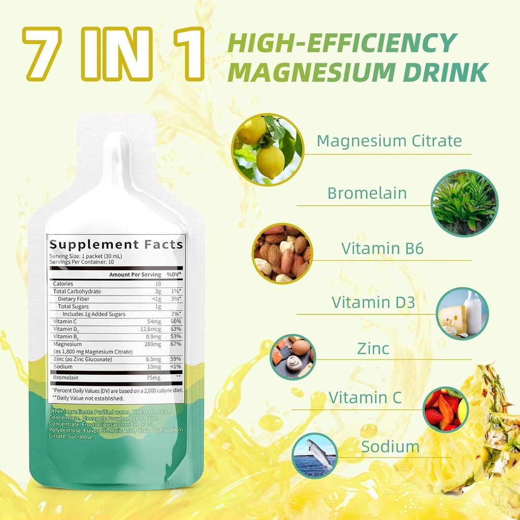 Suplemento líquido de citrato de magnesio(10 Fl Oz),Bebida compleja de magnesio / Solución oral con vitaminaB, zinc, sodio y bromelaina para el sueño, musculo, corazón, manutención de clientes(Pineapple)