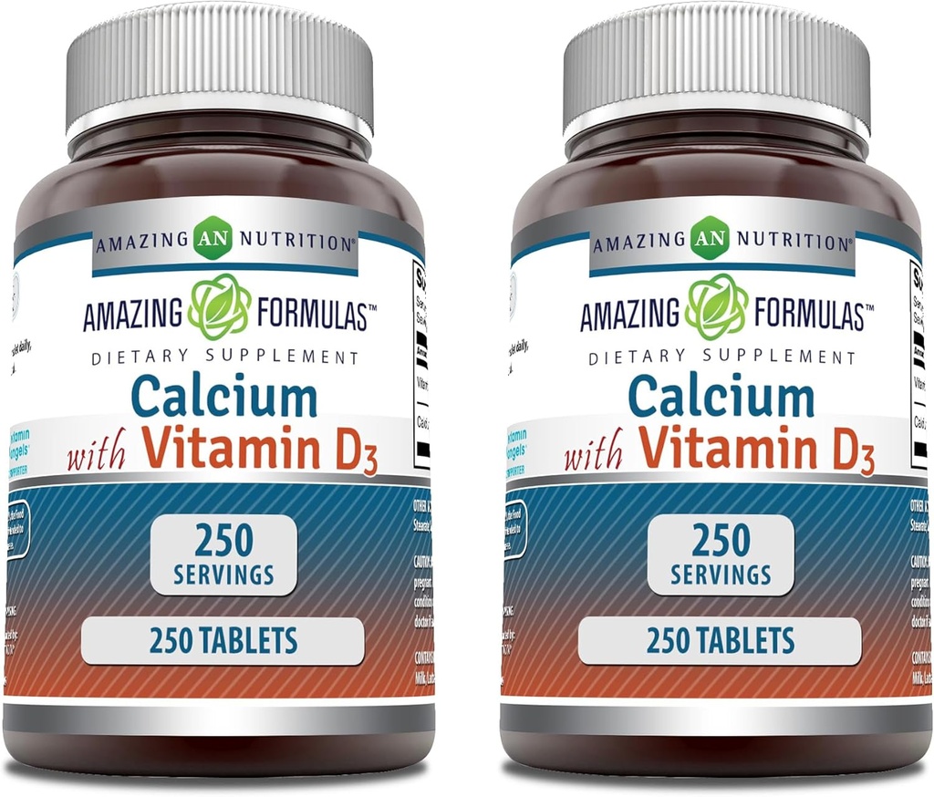 Fórmulas asombrosas Calcio con Vitamina D3 Suplemento TENIDO Tablets TENIDOS NO-OMG TENIDO Gluten-Free TEN Made in USA (2 Pack, 250 Count)