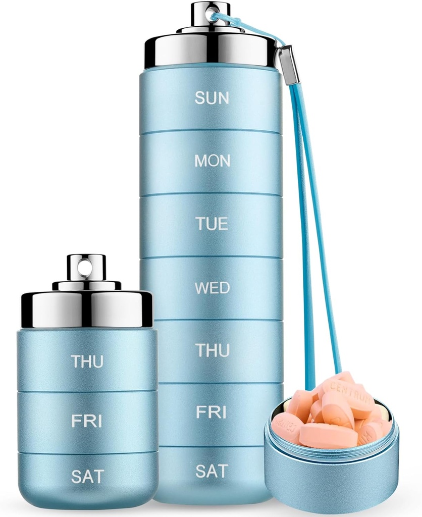 Mossime Metal Pill Organizador Semanal, Caja de Píldora A prueba de Agua, Gran Contenedor de Casos de Aleación de Aluminio, BPA Gratis 7 Días Medicina diaria Organizador de Vitamina, Petróleo de Pesca, Suplemento
