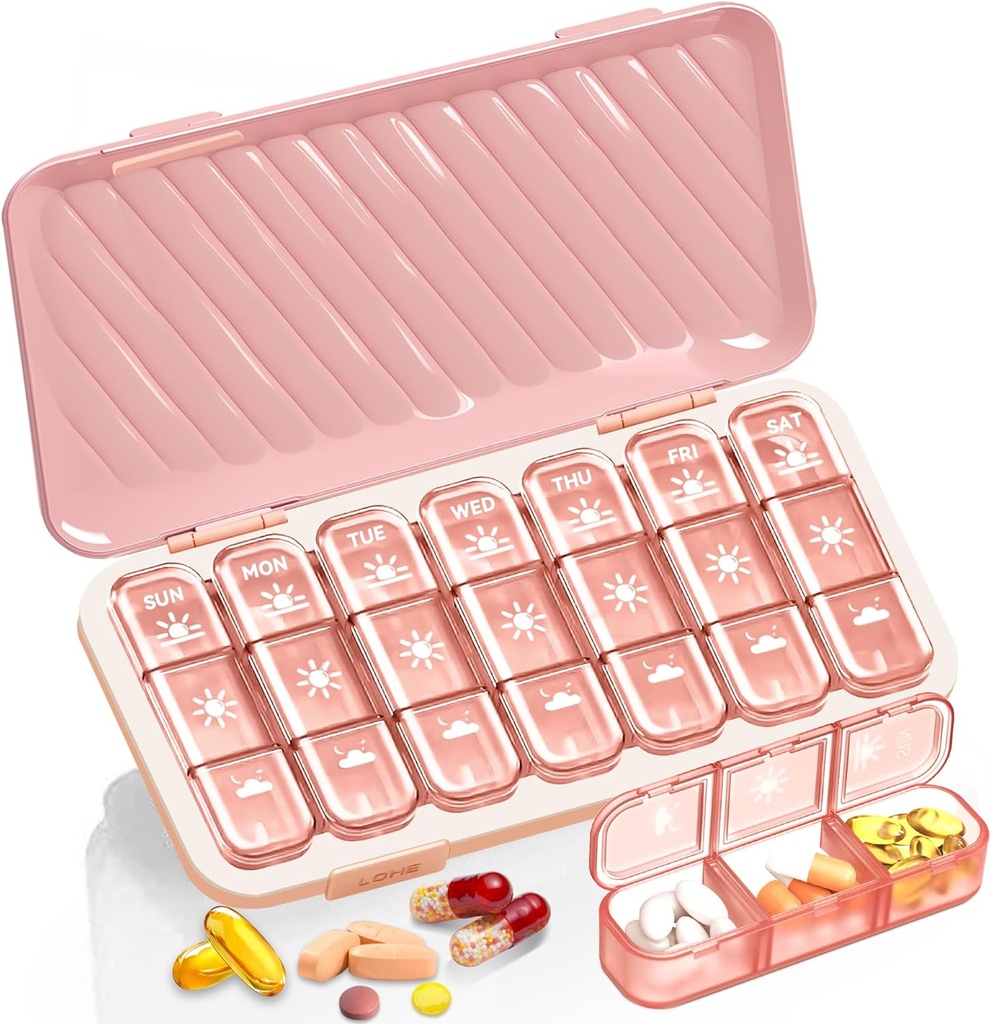 Organizador de píldoras 3 veces al día, 7 días caja de píldoras - GloDeals Organizador semanal de píldoras, dispensador de dispensador de medicamentos diarios extraíbles portátiles para suplemento de aceite de vitamina pescado, rosa