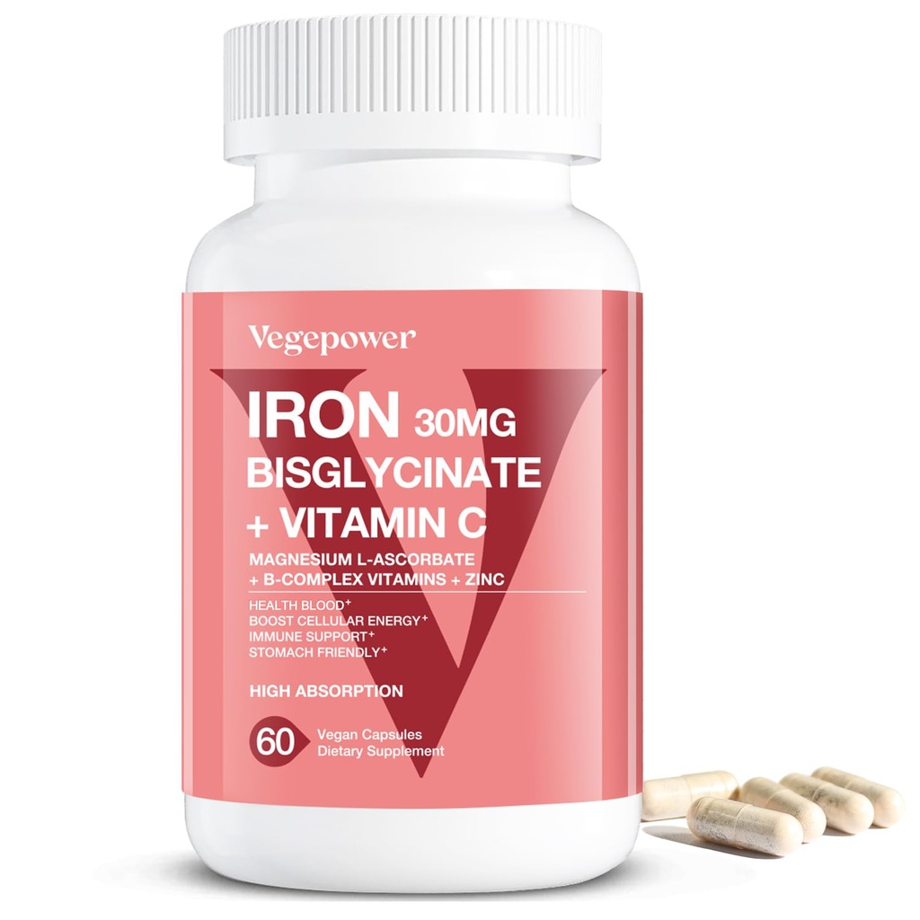 Iron Bisglycinate Supplement for Women & Men - 30mg Iron Pills with Vitamin C, B12, Folic Acid - Chelated Iron for Anemia, Health Blood - High Absorption, Gluten-Free, Non-GMO - 60 Vegan Caps