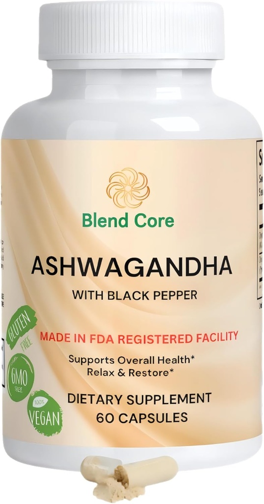 Ashwagandha con Black Pepper Ashwagandha Suplementos – 60 Conde Pure Ashwagandha Capsules para Immune Support, Energy Boost – Non-GMO Vegan Friendly Ashwagandha Complex