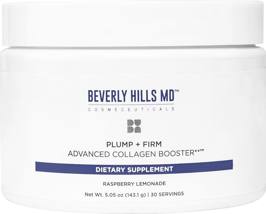 Beverly Hills MD Plump + Firm Advanced Collagen Booster for Aging Skin- Nutrient Powder Drink Mix Formula for Plumper, Firmer, Skin w/Collagen Peptides, Polyphenols, Ceramides (Raspberry Lemonade)