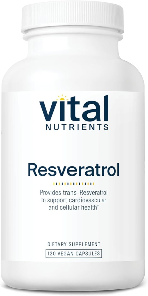 Vital Nutrients Resveratrol ← Ultra High Potency Antioxidant ← Trans Resveratrol for Cardiovascular and Cell Health Support* ← Vegan Supplement TEN Gluten, Dairy and Soy Free ← Non-GMO tención 120 Capsules