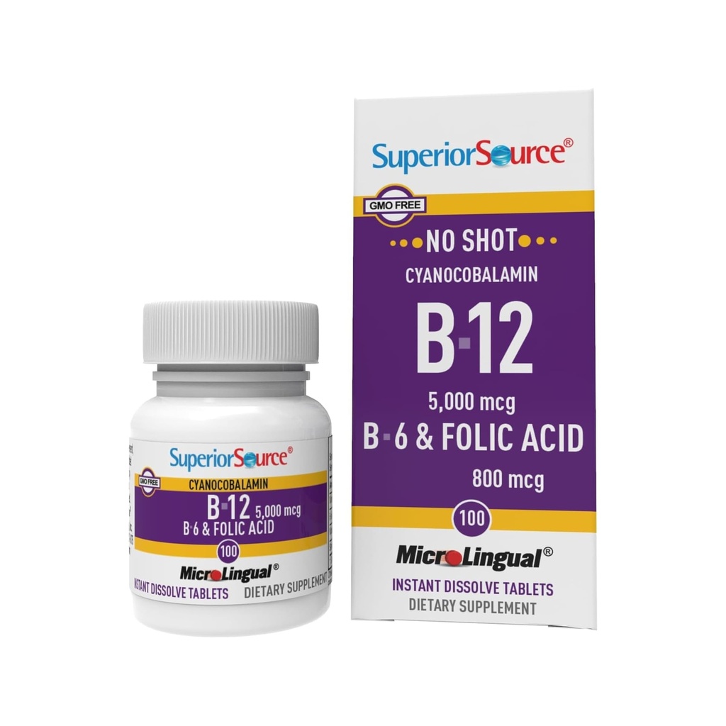 Fuente Superior No Shot Vitamin B-12 Cyanocobalamin 5000 mcg, B-6, Folic Acid 800 mcg - Apoyo Cerebro & Corazón Salud - Ayudas Natural Energy Levels - 100 Sublingual Dissolving Tablets