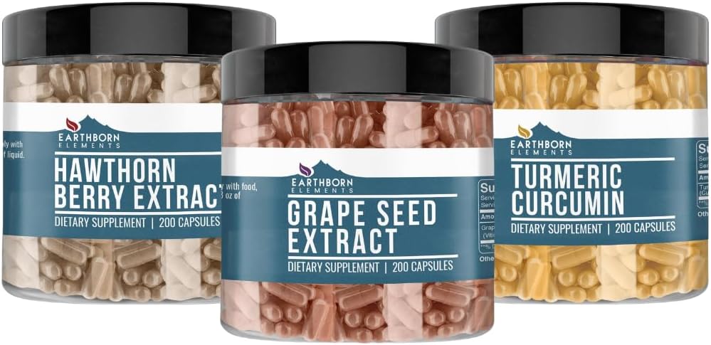 Semillas de uva, Hawthorn Berry, " Turmeric Curcumin Capsule Bundle (200 cápsulas cada una), Puro " Undiluted, No Additives