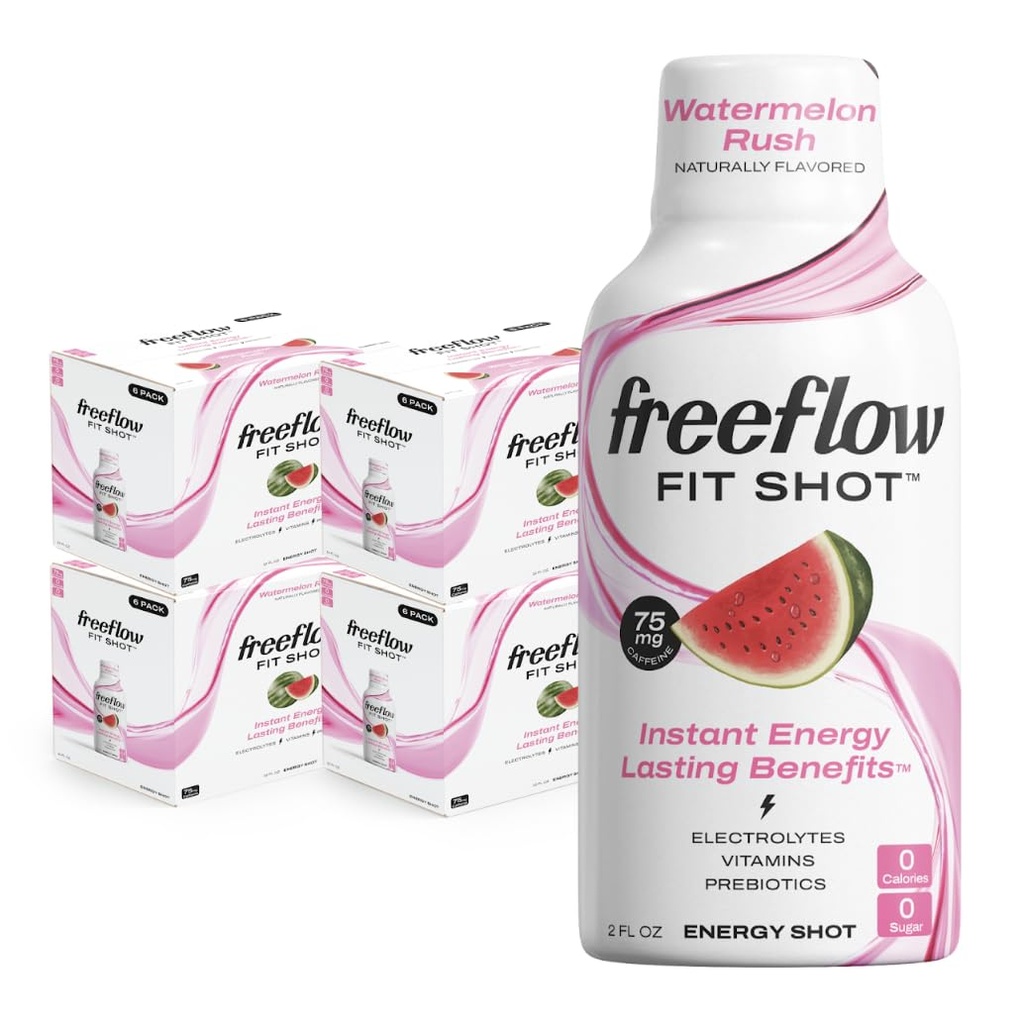 Freeflow Fit Energy Shots, Watermelon Rush, Natural Caffeine Boost con L-theanine, Ginseng, Vitaminas, Prebióticos, Electrolitos (24 Conde, 2oz Shots)
