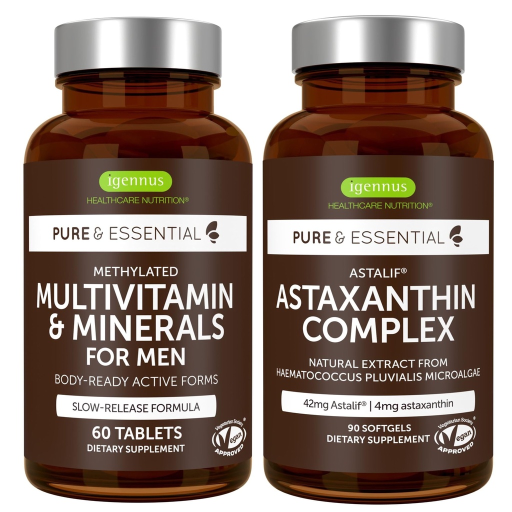 Multivitamínico &amp; Minerales para Hombres + Astaxanthin Complex Vegan Bundle, Sustained Release Advanced Multivitamin + 4 mg H. Pluvialis Natural Astaxanthin, por Igennus
