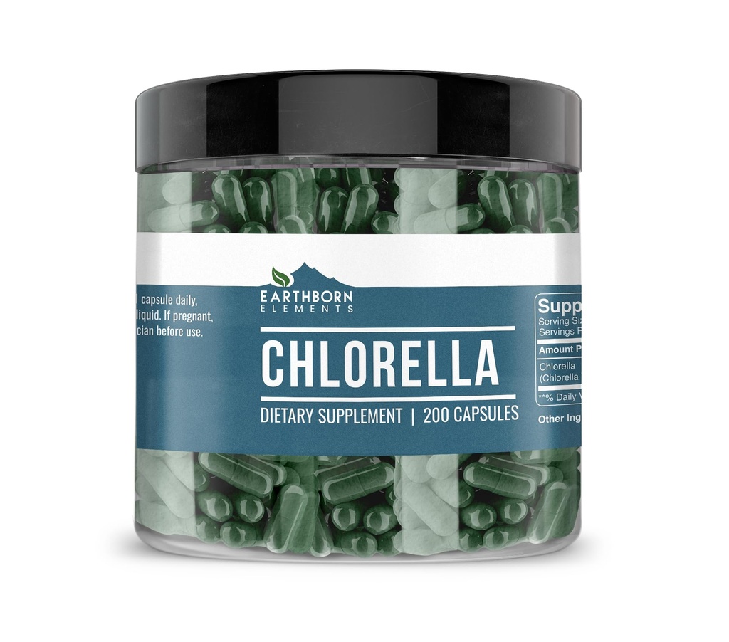 Elementos tercos Clorella 200 cápsulas, puros " sin diluir, sin aditivos