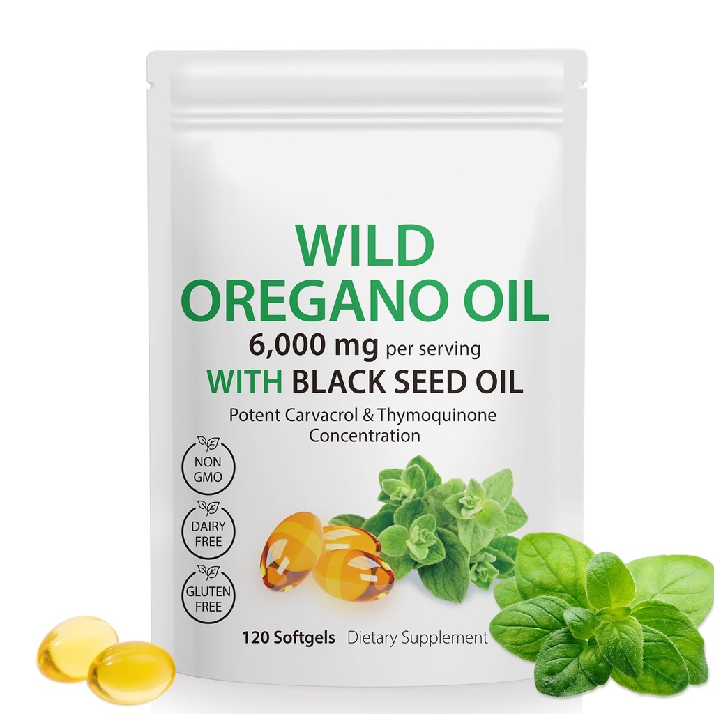 Óleo de Oregano Softgels - Aceite de orégano silvestre 6.000 mg con aceite de semilla negra 200mg cápsulas, 120 conde, Carvacrol de Potente " Timoquinona, No GMO, Dairy Free, Gluten Free