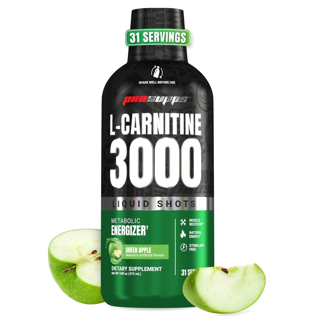 PROSUPPS L-Carnitine Liquid 3000, Zapatos líquidos libres de estimulantes para hombres y mujeres - Clean Workout Drink for Energy, Performance &amp; Muscle Recovery - No Sugar, No Carbs - 31 Servings, Green Apple