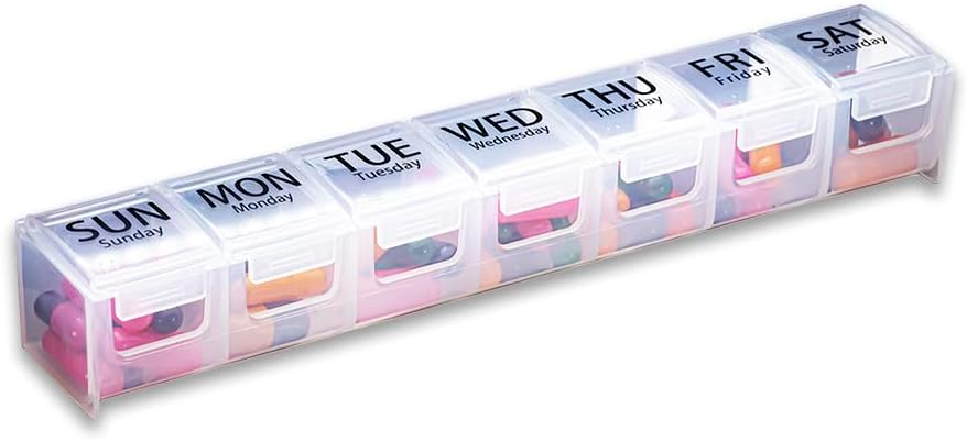 GMS organizador semanal de píldoras - 7 días etiquetado caso de píldoras para suplementos, vitaminas y medicamentos - Latches seguros - Ideal para uso diario " Viajes - Clear