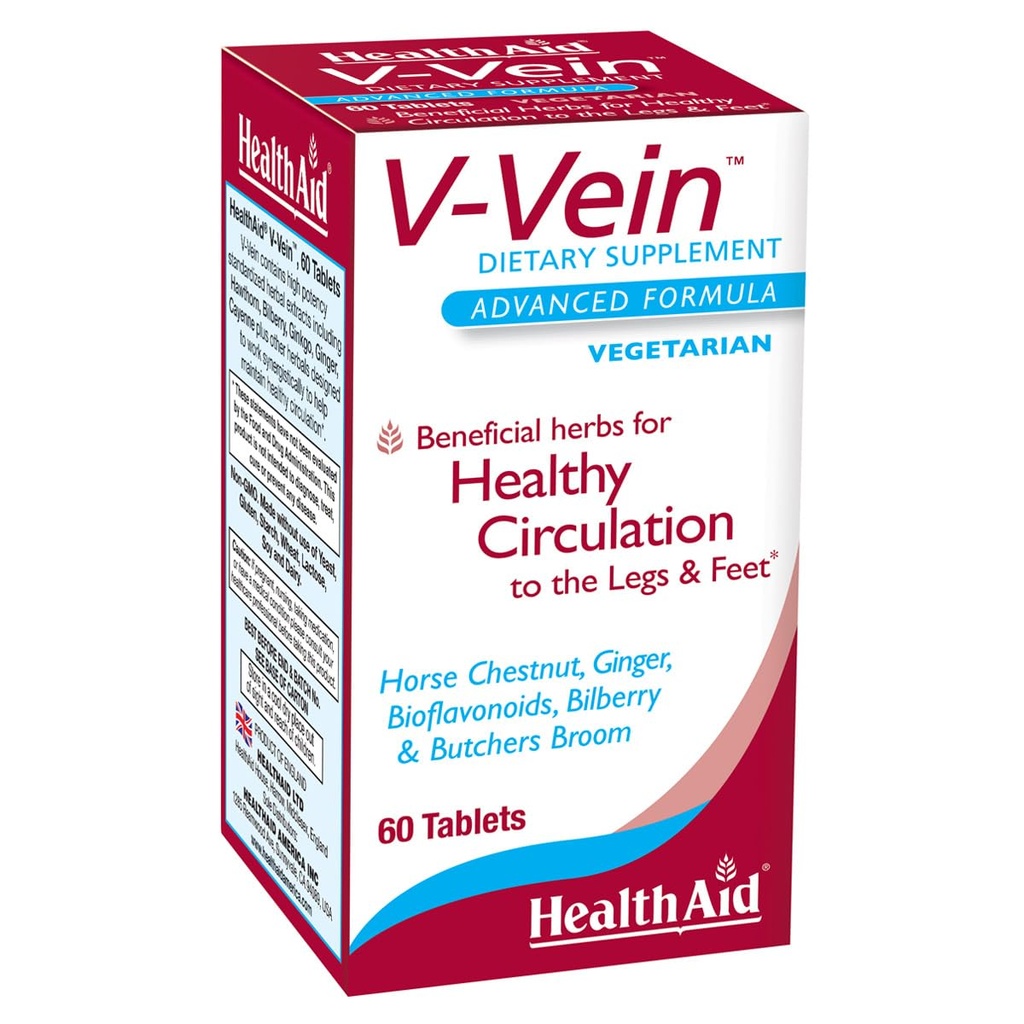 HealthAid V-Vein, Beneficial Nutrients for Healthy Circulation for Legs and feet, 60ct, Once Daily, Contains Ginkgo, Grape Seed, Vitamin C and Bilberry, Vegan