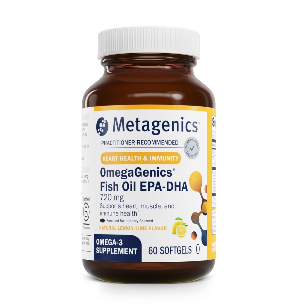Metagenics OmegaGenics Fish Oil EPA-DHA 720 mg - High Potency Omega-3 Suplemento* - Supports Heart, Joint, Brain & Immune Health* - Sosteniblemente Fuente, Purity-Tested Fish Oil - 60 Softgels