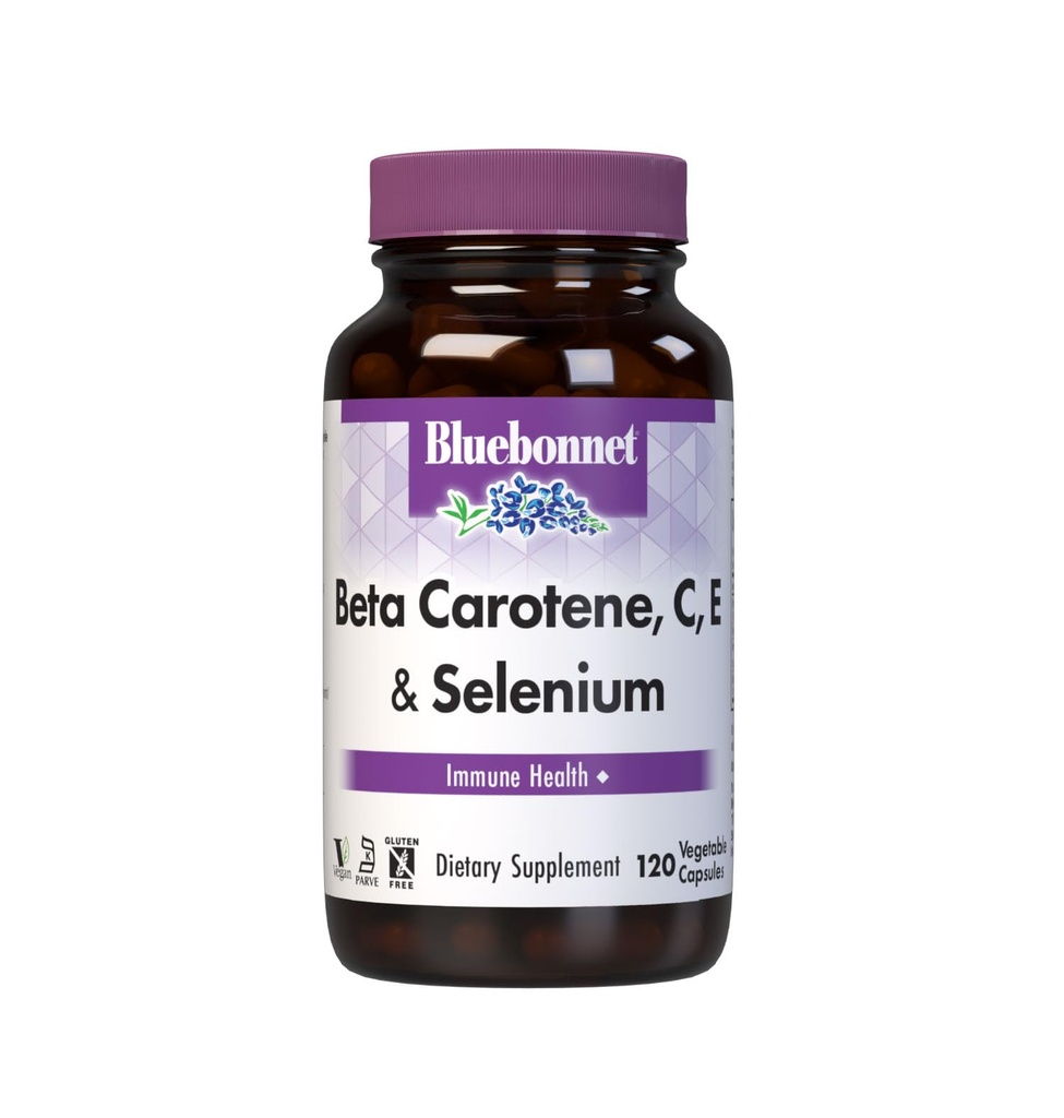 BlueBonnet Beta Caroteno C y E Plus Selenium Vegetarian Capsules, 120 Cuenta, Blanco