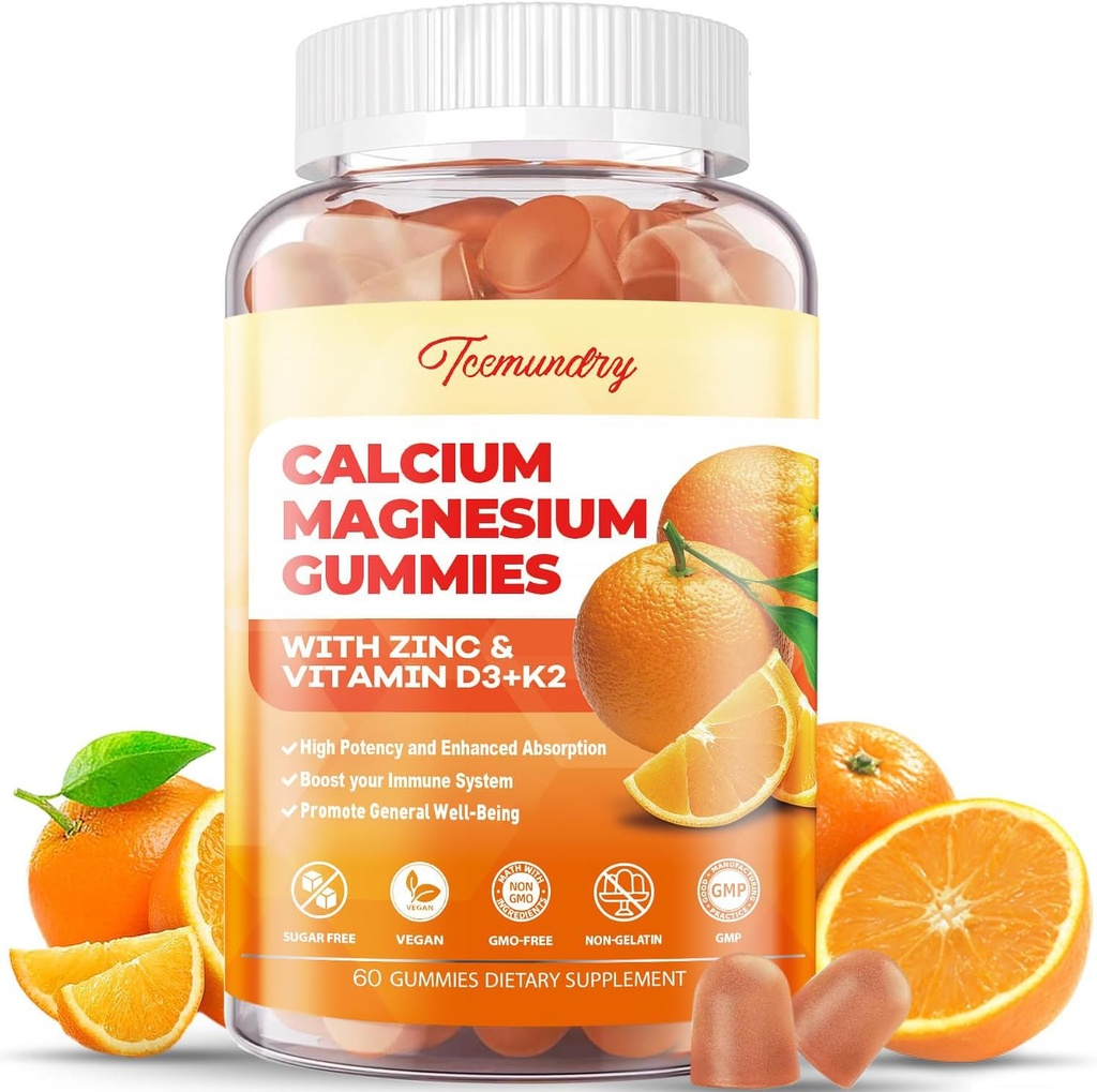 Calcio Magnesio Zinc Gummies con vitamina D3 & K2 - High Absorption Magnesium Glycinate 400mg - Sugar Suplemento gratuito de calcio - Soporte Nerve Muscle Mood &amp; Immunity - para adultos Hombre Mujeres Niños