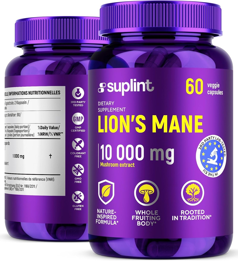 Mushroom Mane de León Suplemento 10,000 mg  Suplementos dietéticos para la memoria, enfoque " Clarity ← Sistema diario de apoyo Complejo para hombres y mujeres que viven no transgénicos, libre de gluten, vegano 60 cápsulas