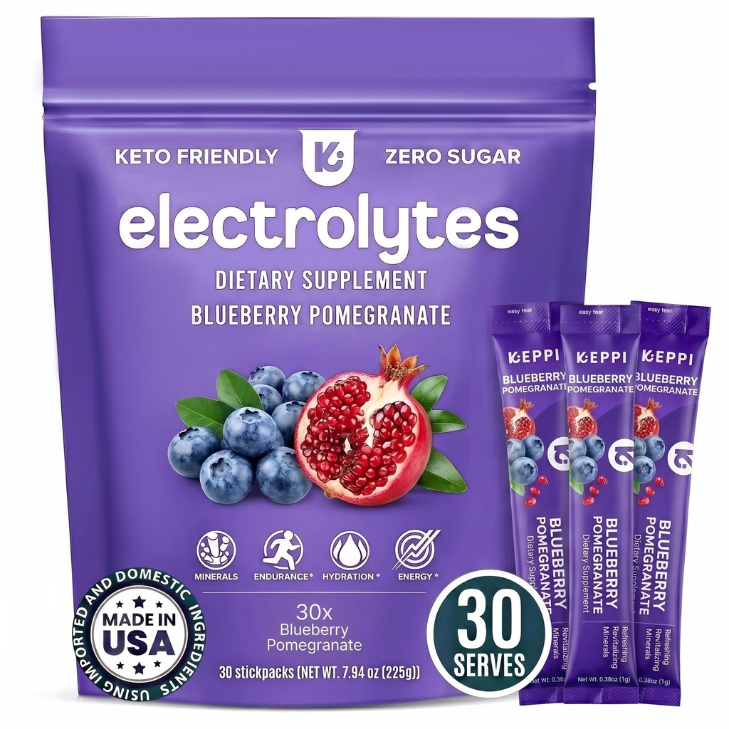 Keppi Electrolytes Paquetes de Polvo – Blueberry Pomegranate 30 Servings – No Sugar Hydration Suplemento con Potasio, Magnesio, Sodium – Keto, Vegan, Fasting-Friendly, Zero Calorie Hydration Packets