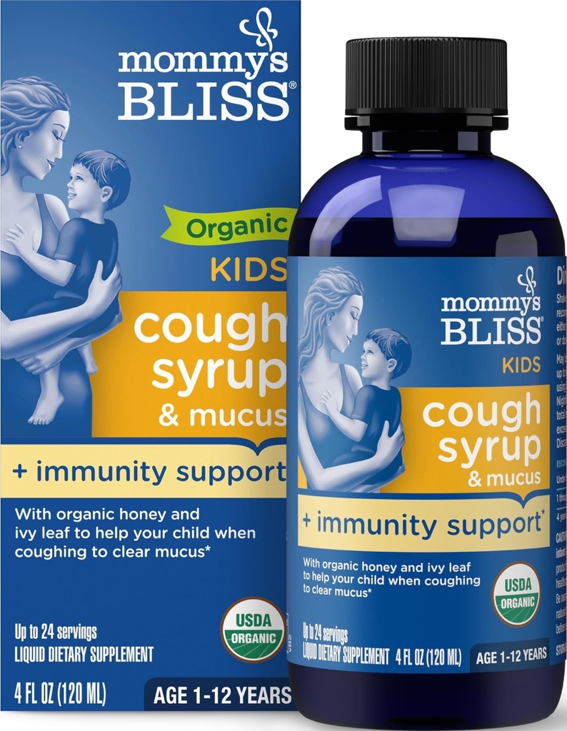 Mami's Bliss Organic Kids Cough Syrup and Mucus Relief + Immunity Support, Agave & Honey, Ivy Leaf, Elderberry, Zinc, Vitamina C, 4 Fl Oz