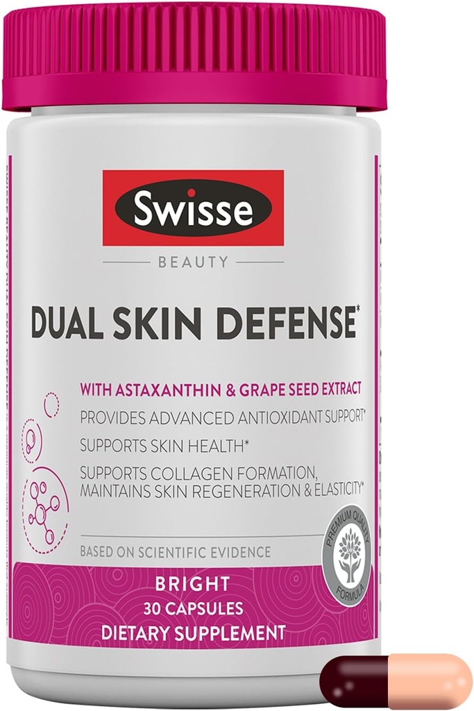 Swisse Beauty Dual Skin Defense Supplement | Astaxanthin, Grape Seed Extract, and Vitamin C | Supports Collagen Formation, Skin Elasticity, Antioxidant Protection & Regeneration | 30 Capsules