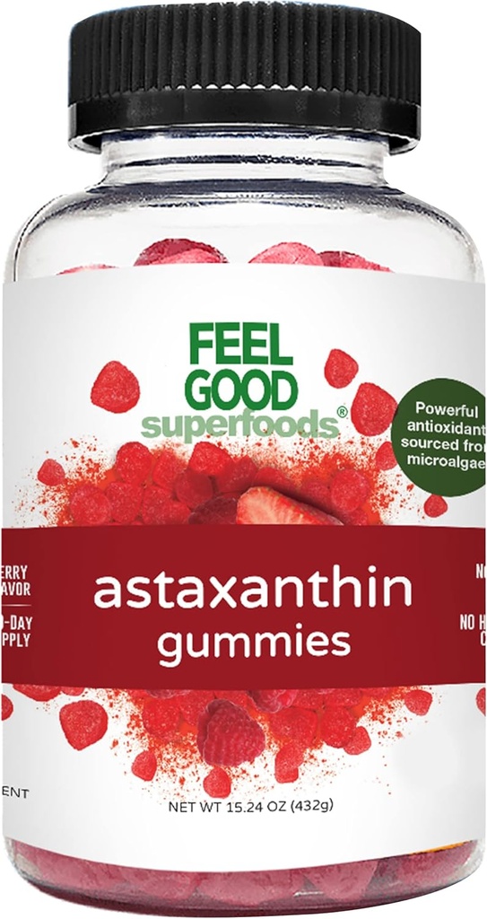 FeelGood Superfoods Astaxanthin Supplements, 6mg Antioxidant Gummies for Skin and Eye Health, Berry Flavor, Vegan, Non-GMO, 60 Condes