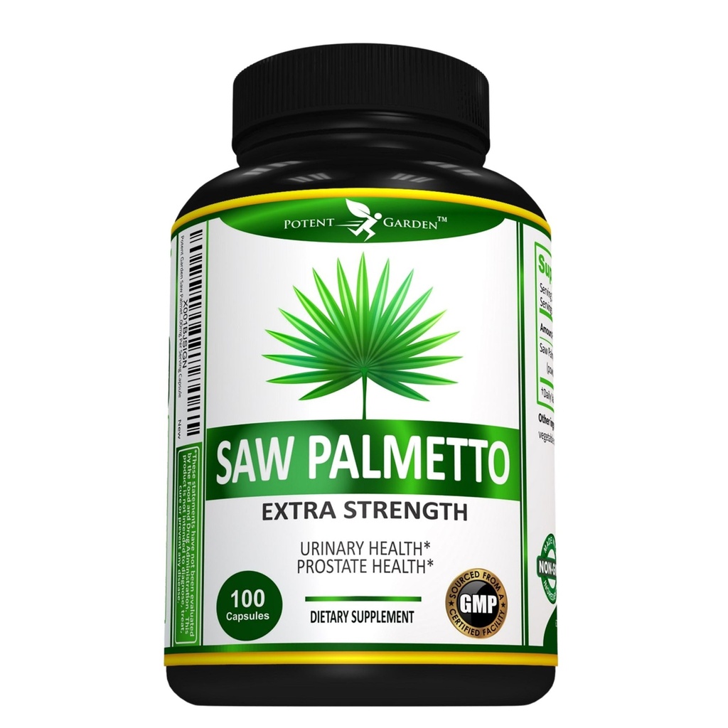 Potent Garden Saw Palmetto 500 mg - Suplementos de próstata para hombres - Apoyos Frecuencia saludable de la orina " Flujo - No GMO, 100 Saw Palmetto Capsules