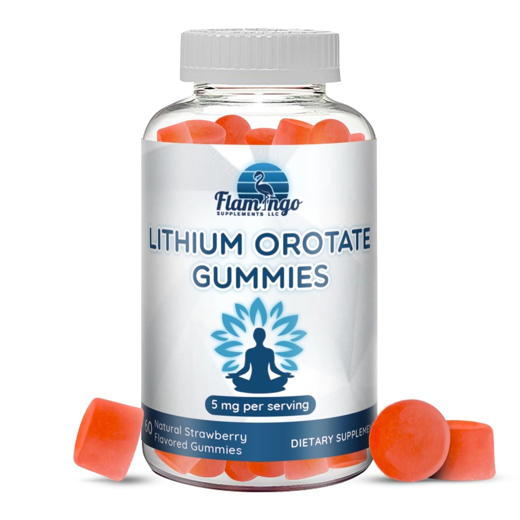 Lithium Orotate Gummies 5mg por Serving - Tested, Plant Based. Alterante a gotas de litio o pastillas. Trace Mineral for Mood Support- Strawberry Flavored Lithium Supplements- 60 Count
