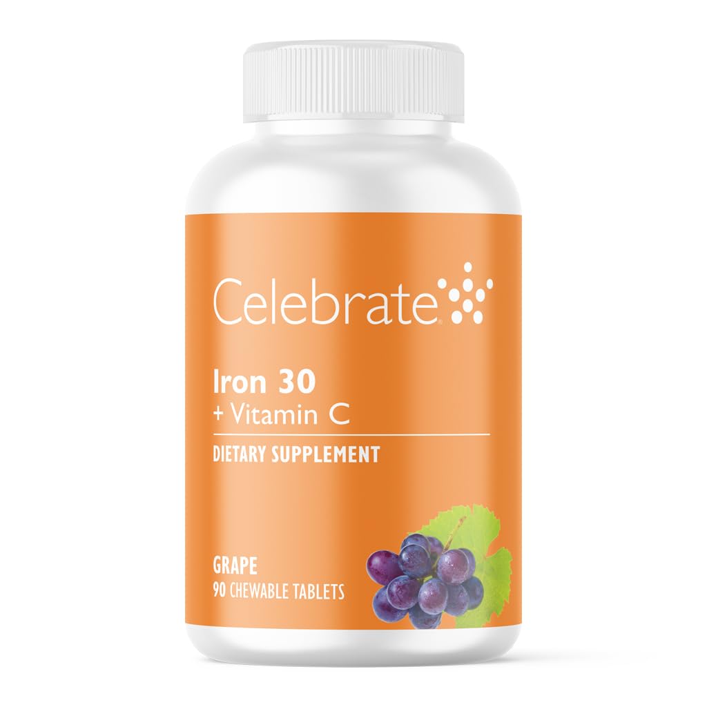 Celebrate Vitamins Iron Supplement with Vitamin C - 30mg Iron, 60mg Vitamin C, Bariatric Vitamins for WLS Patients, Vertical Sleeve & Gastric Bypass Surgery – Grape, 90 Chewable Tablets