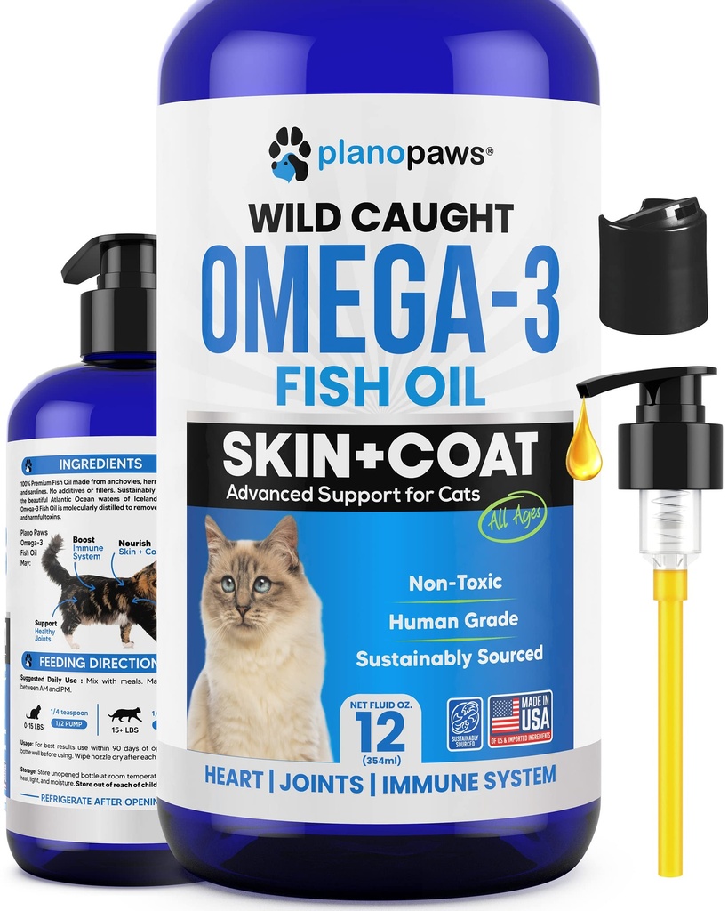 Omega 3 aceite de pescado para gatos - mejor que el aceite de salmón - gatito & gato vitaminas y suplementos - Cat Dandruff Tratamiento - Aceite de pescado líquido para mascotas - Soporte de cama - Cat Health Supplies for All Ages