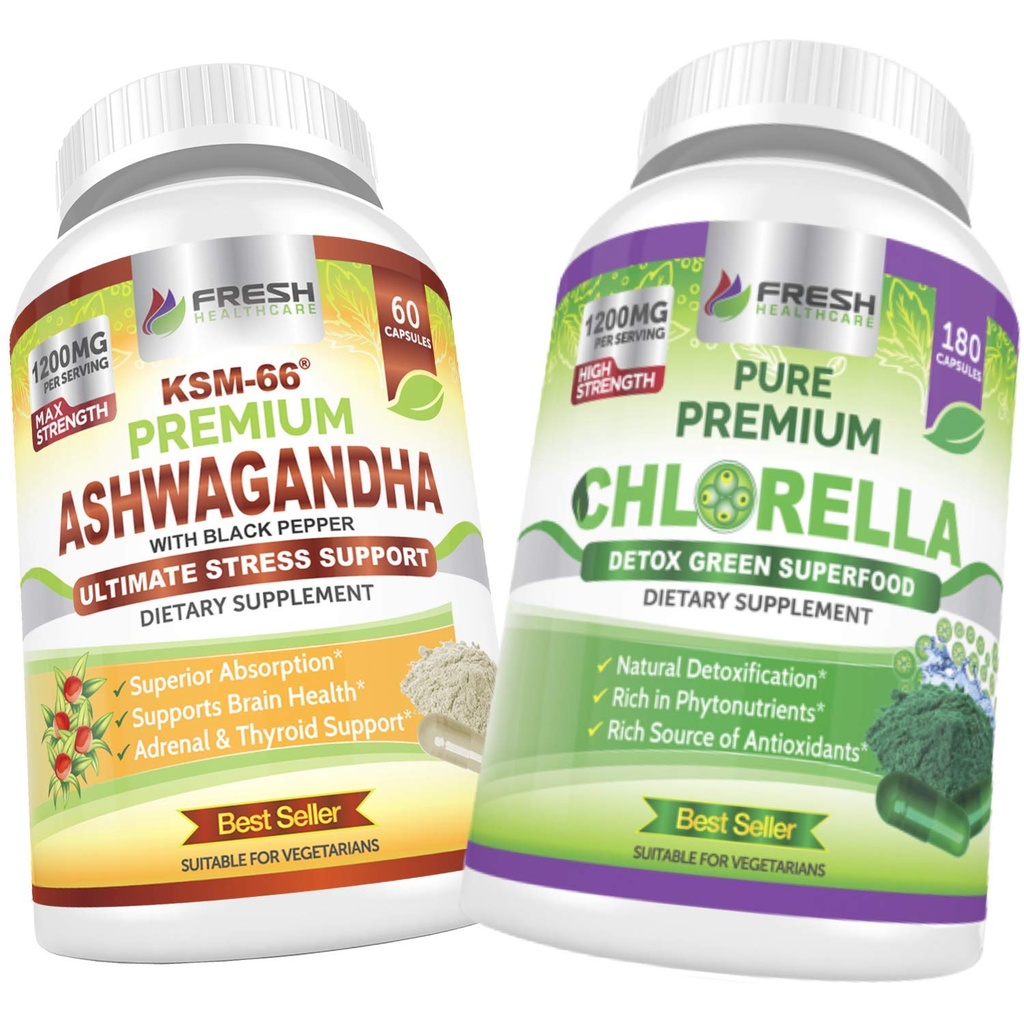 FRESH HEALTHCARE Ashwagandha KSM 66 y Chlorella Detox Superfood - Bundle