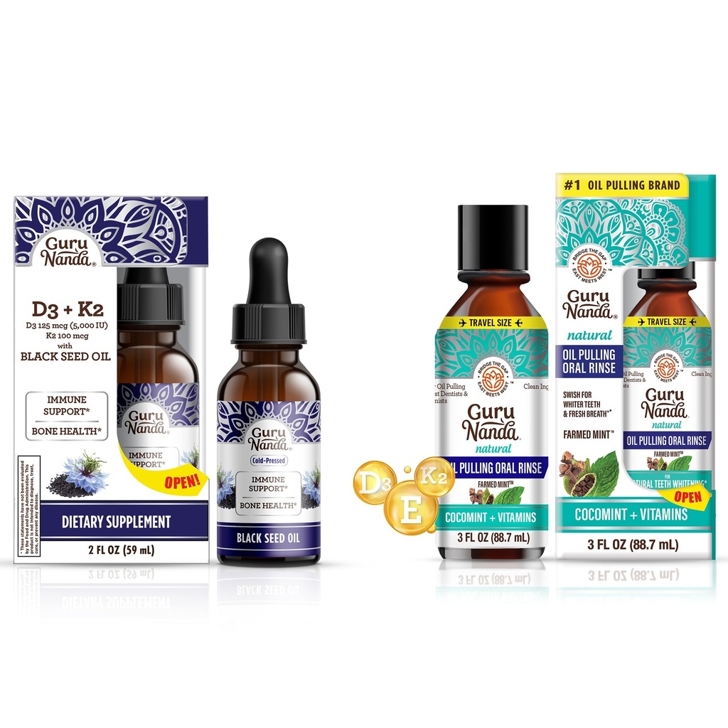 GuruNanda Black Seed Oil 5000 IU Vitamina D3, K2 &amp; E + Coconut Oil Pulling with Essential Oils Vitamin D3, E, K2 for Immune Support, Oral Hygiene