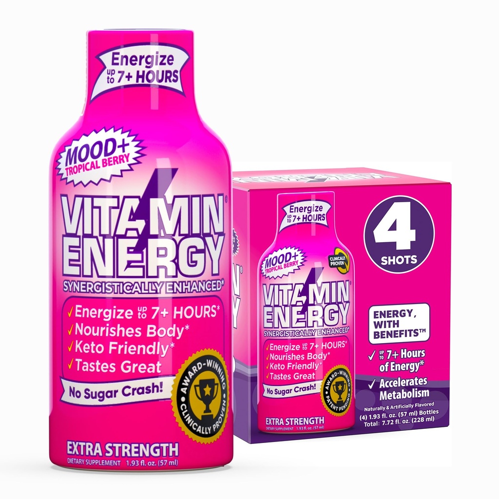 Vitamin Energy Mood+ Extra Strength Energy Shot Tropical Berry 4 Pack, 260mg Natural Caffeine, B-Vitamins, Rhodiola, Chamomile, Mood & Energy Support, Zero Sugar, Gluten-Free, Vegan, 1.93 fl oz